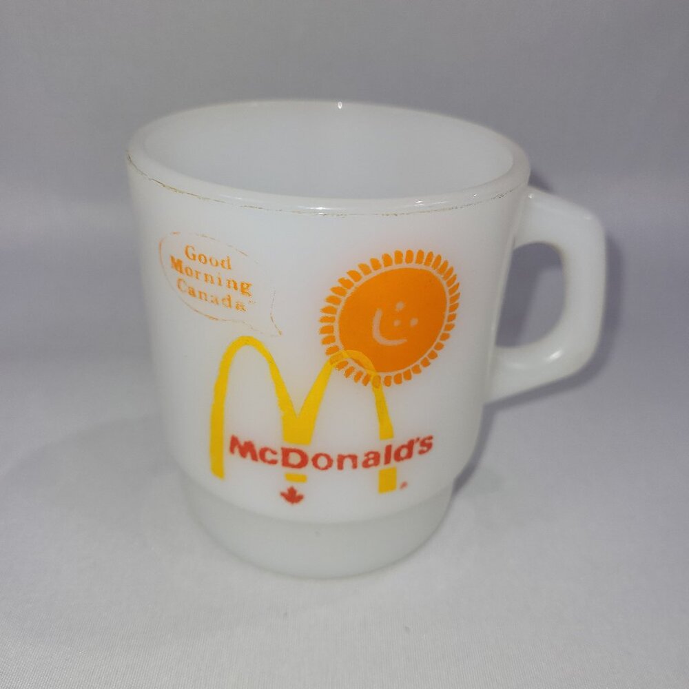 McDonalds Good Morning Canada Vintage Coffee Cup Milk Glass Fire King Mug
